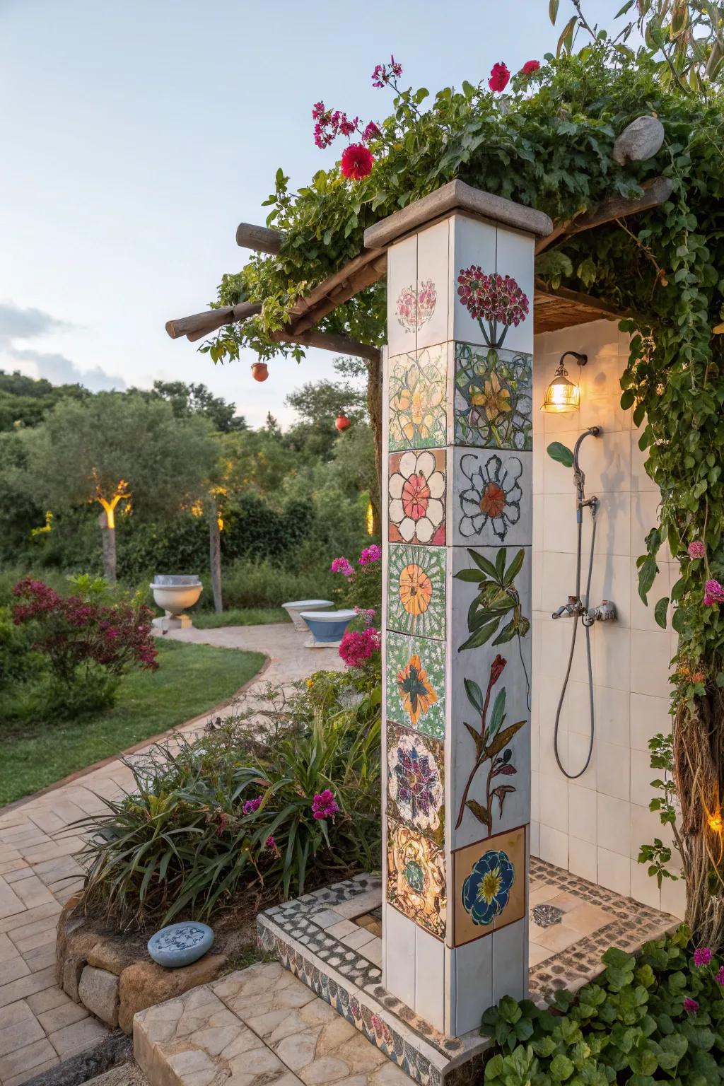 Artistic expression with vibrant tiles for a creative shower space.