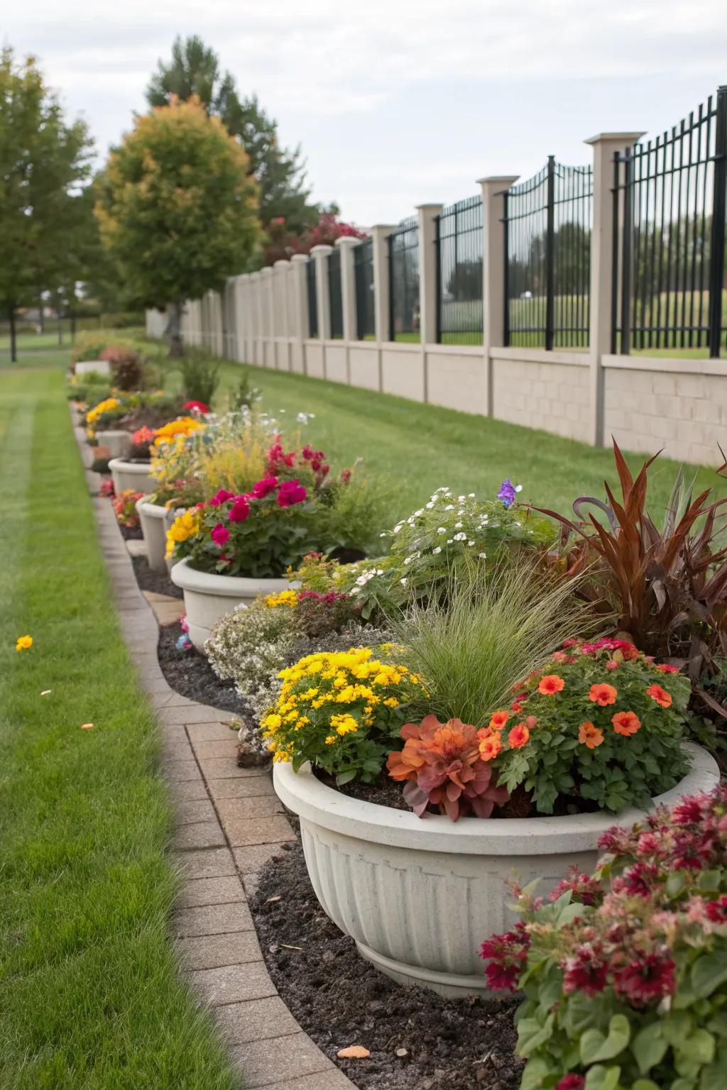 Seasonal planters for dynamic garden borders.