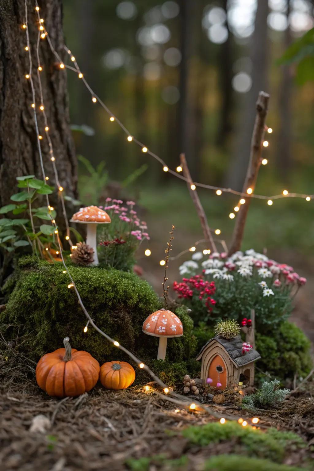 A magical fairy garden enhanced with tiny pumpkins and enchanting details.