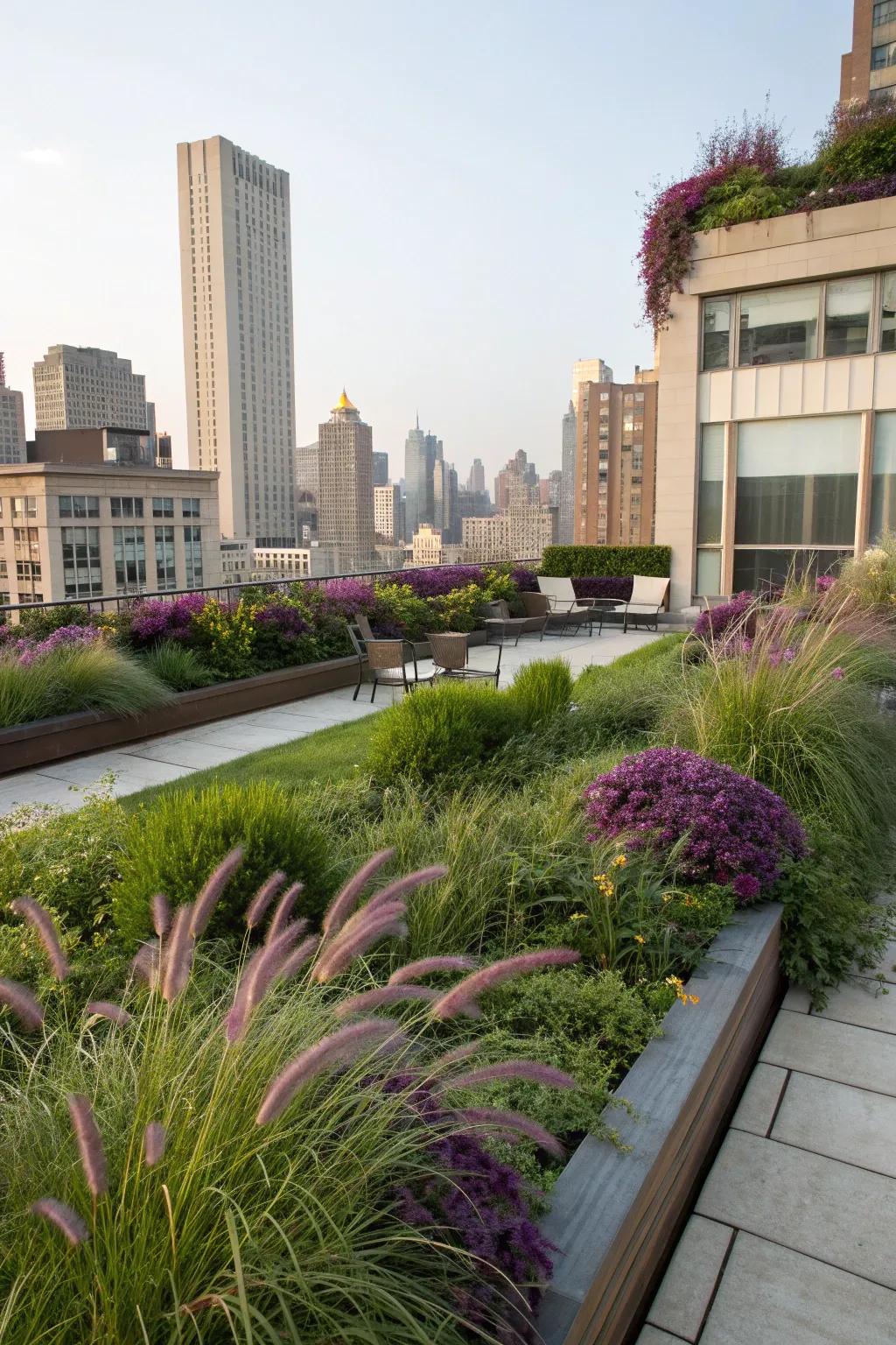A rooftop retreat brought to life with purple fountain grass.
