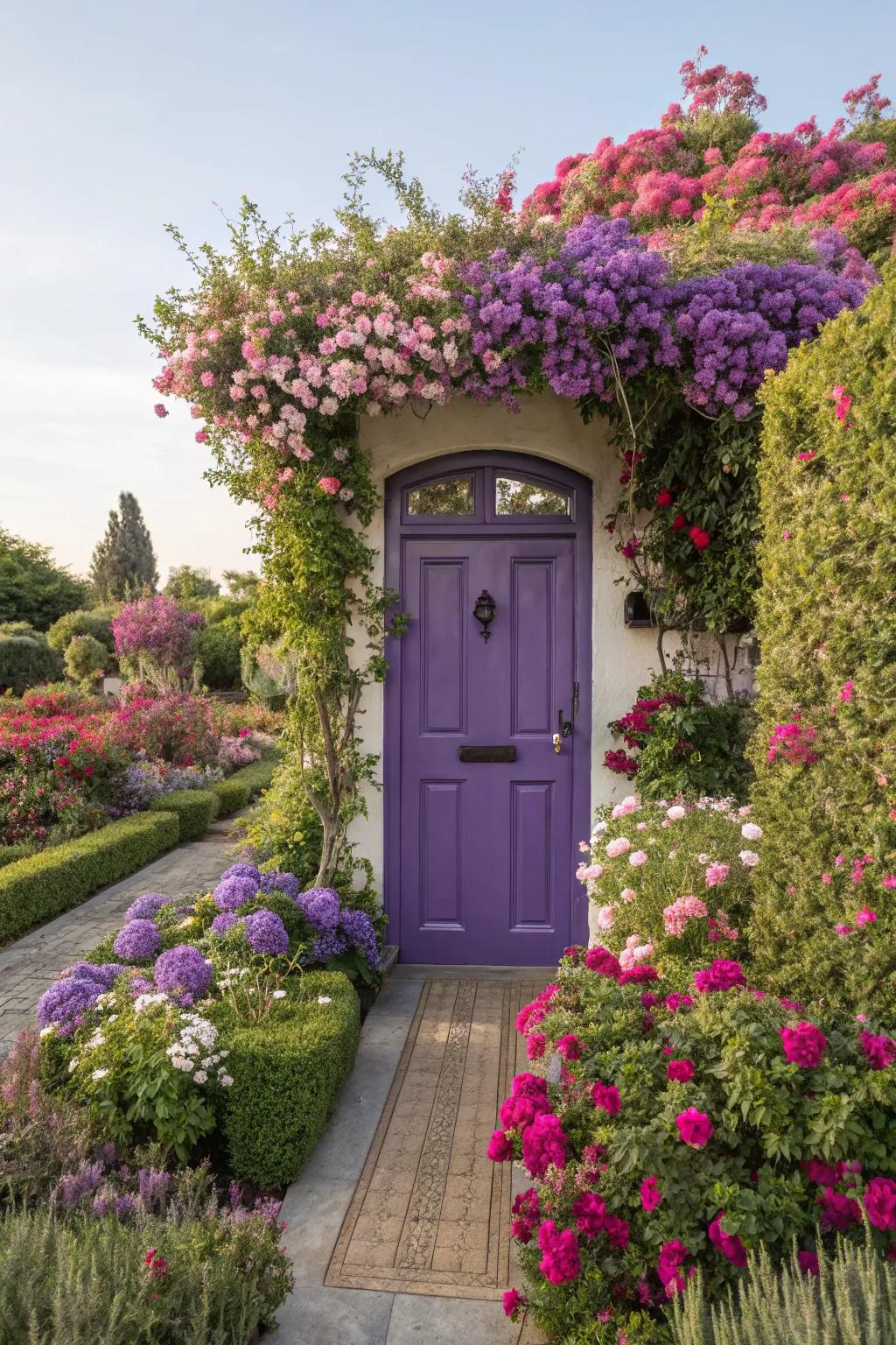Flowering plants add a lush and vibrant touch to your purple door.