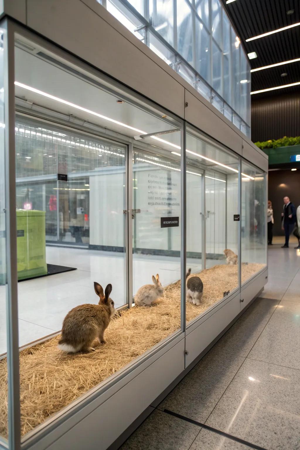 A glass-enclosed rabbit habitat with a panoramic view.