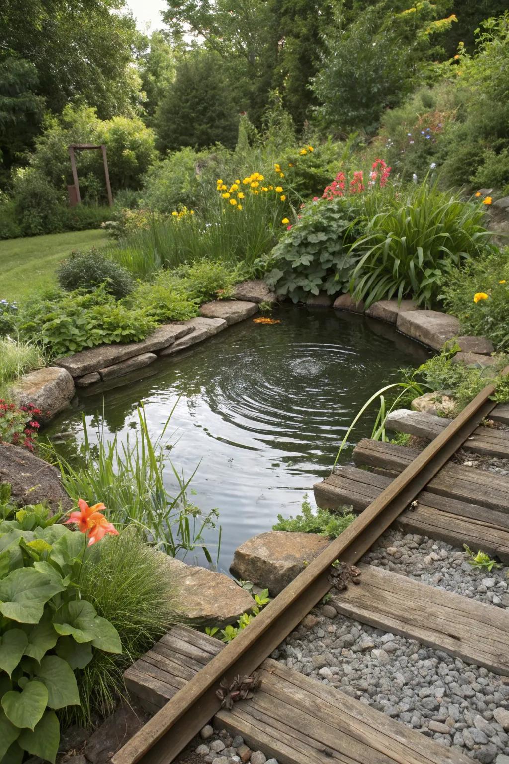 A charming water feature framed with railroad ties.