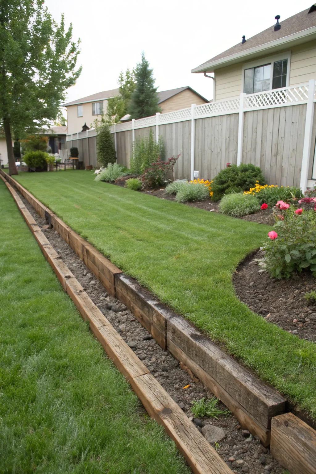 Neat and tidy: Lawn edging with railroad ties.