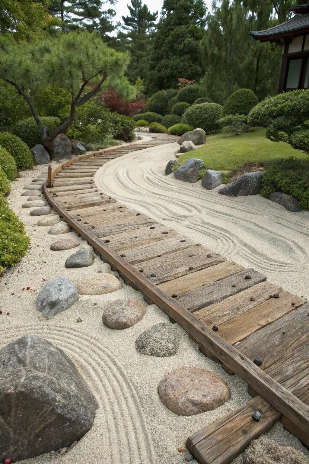 A calming Zen garden path using railroad ties.