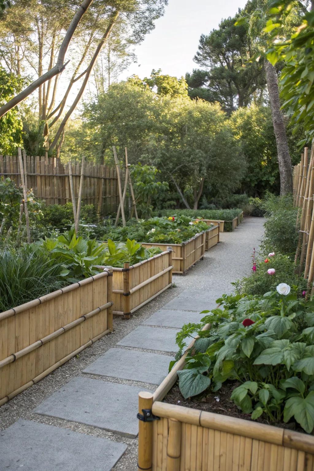 Bamboo edging creates a Zen-like atmosphere in gardens.