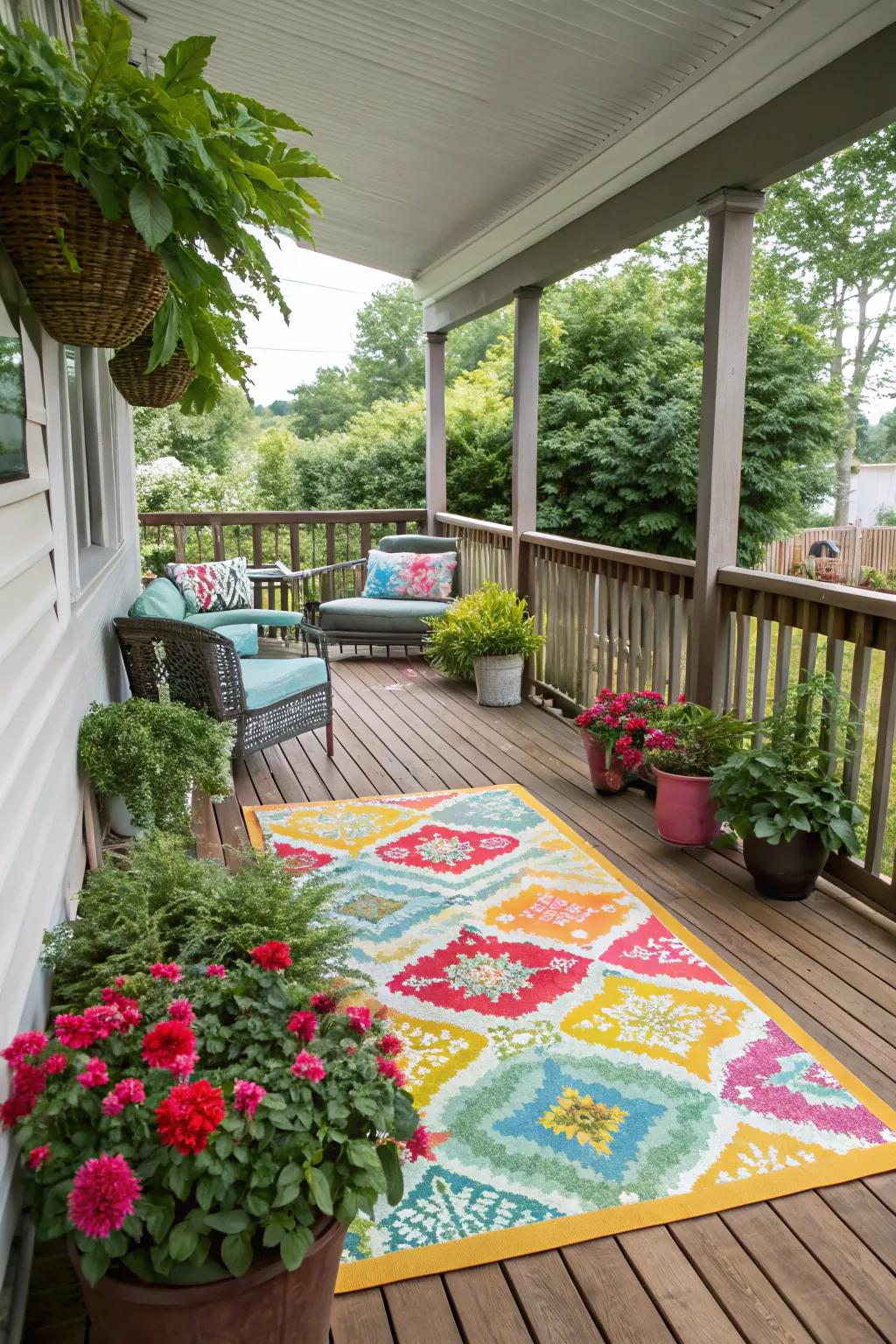 A raised porch featuring a colorful outdoor rug that adds warmth and comfort.