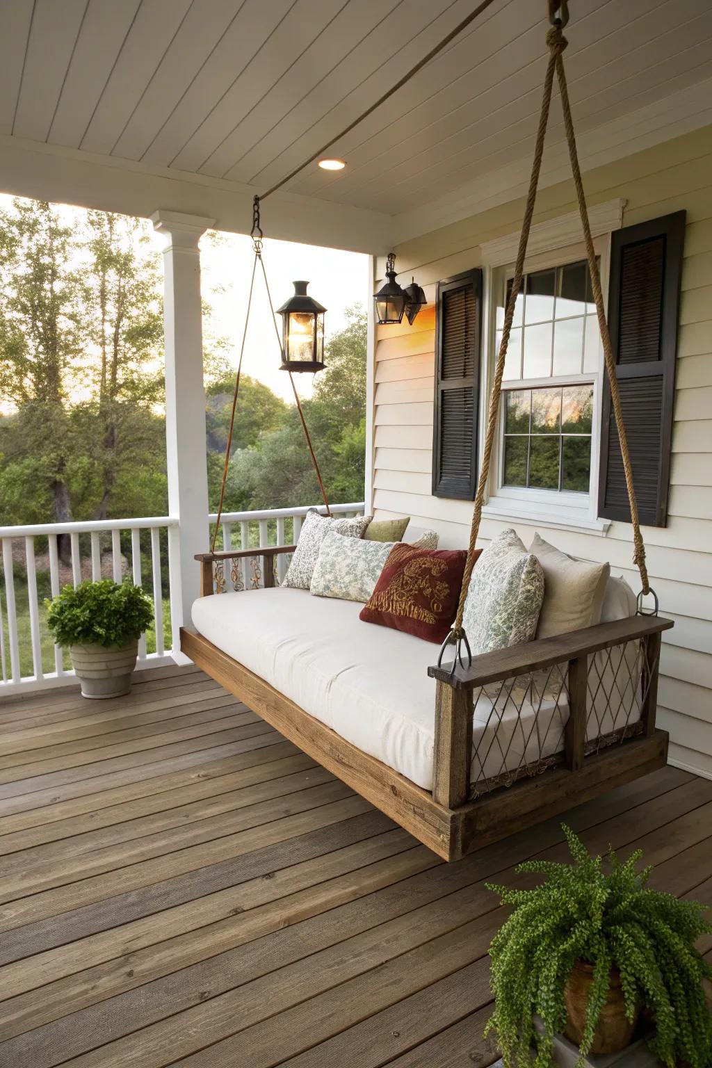 A luxurious hanging daybed perfect for relaxation on a raised porch.