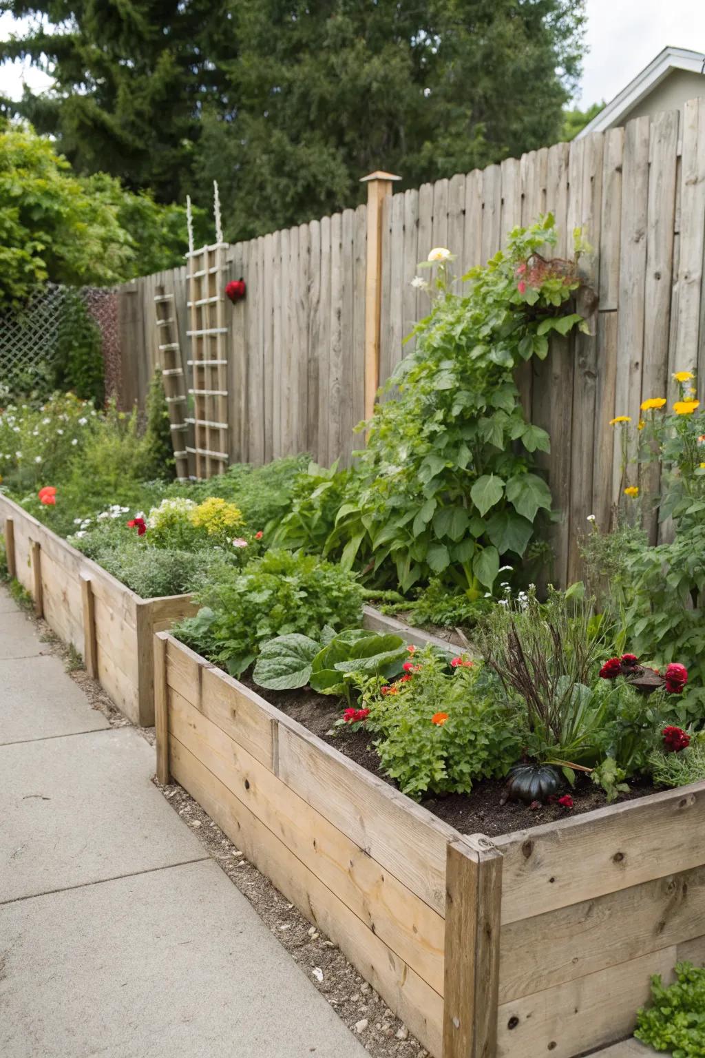Fences can double as supportive walls for raised garden beds.