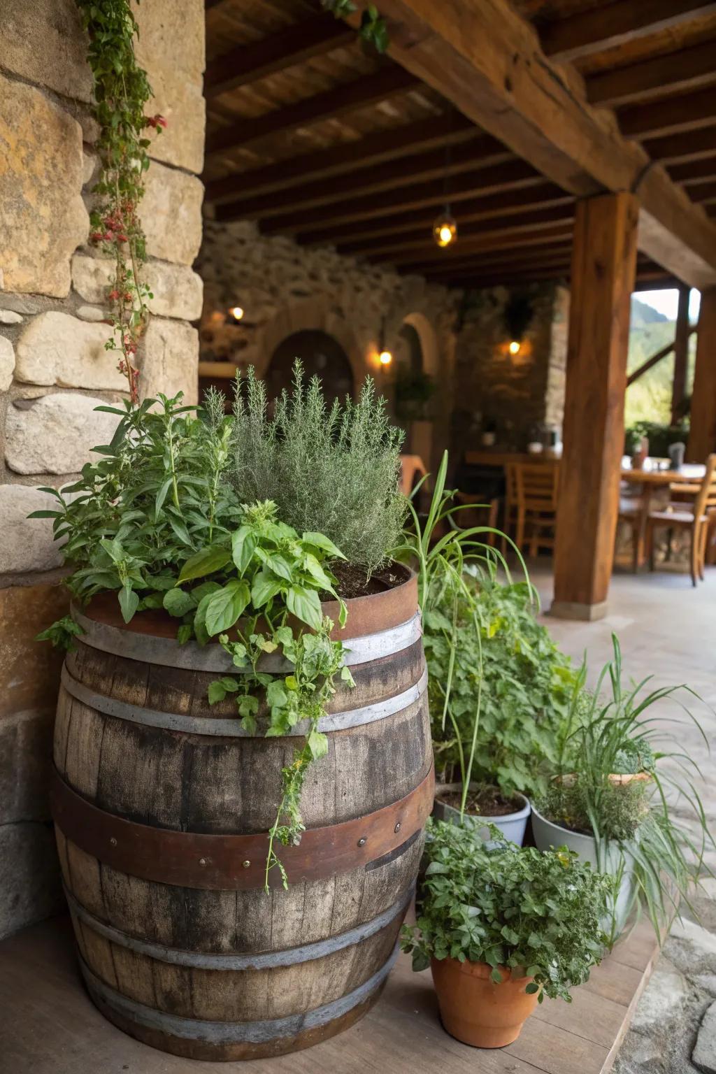 A rustic wine barrel transformed into an herb planter.