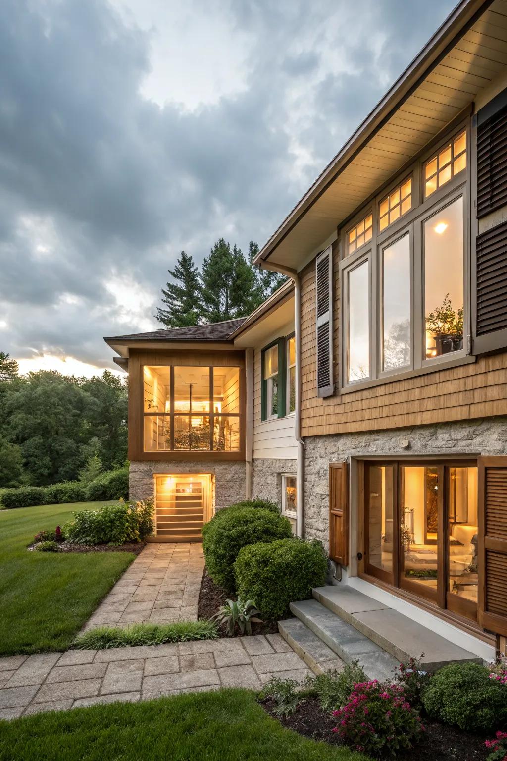 A bright raised ranch entrance with large, light-filled windows.