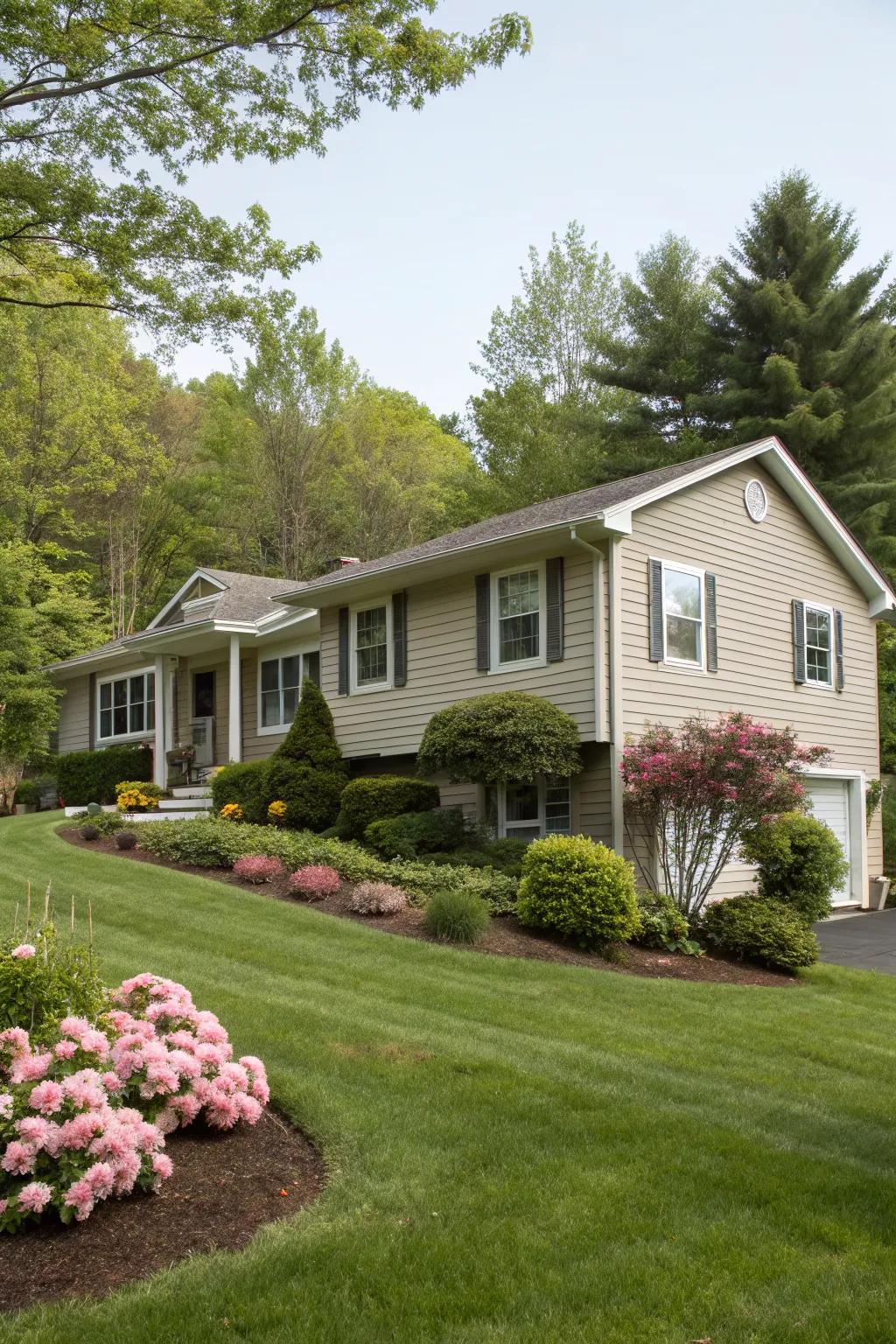 Integrated landscaping complements and enhances siding design.