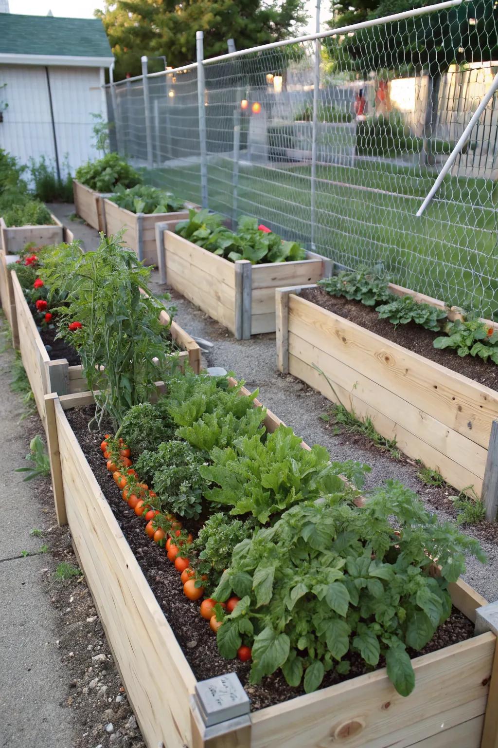 Raised garden beds using the fence as support for efficient space utilization.