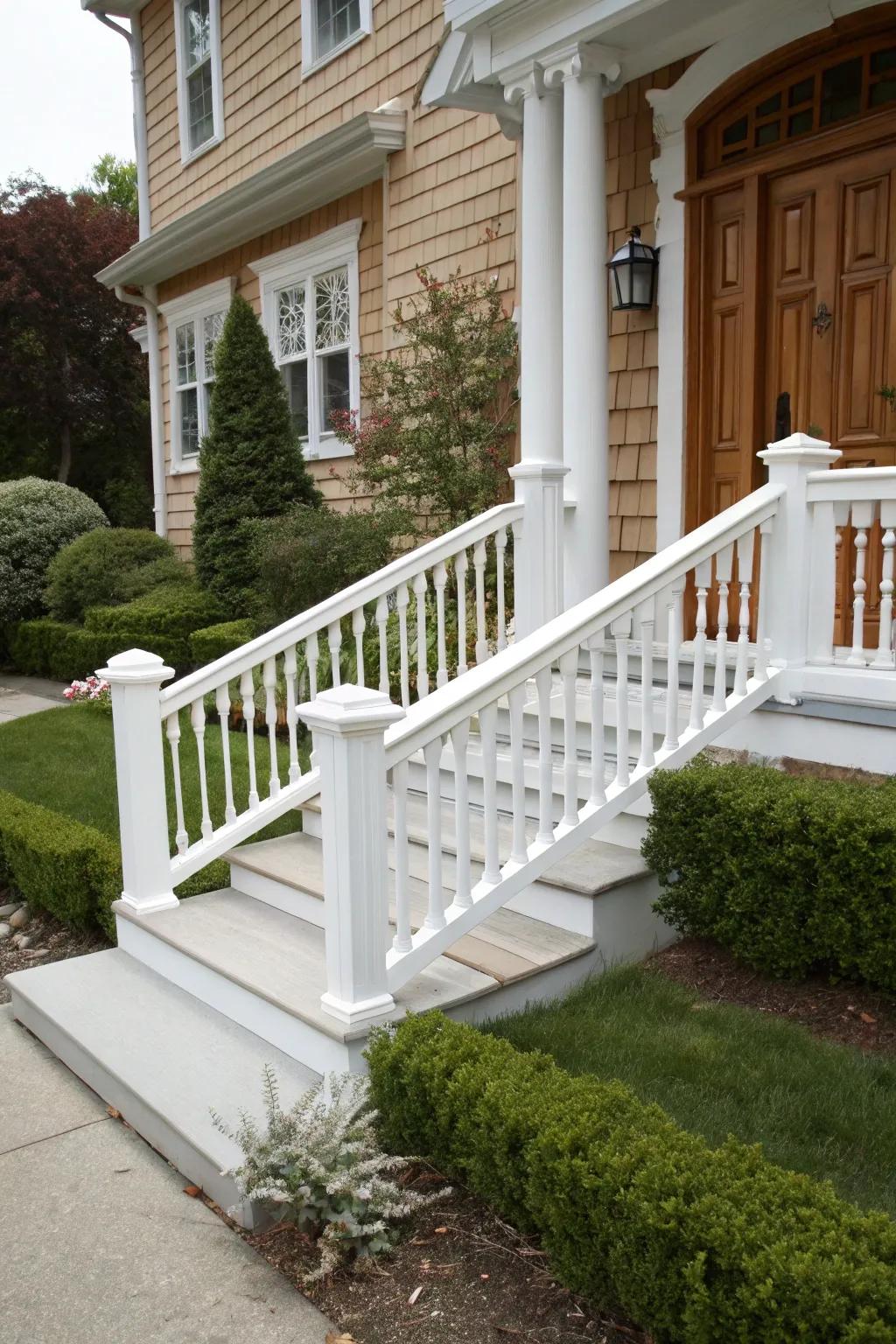 Classic white handrails offer timeless elegance.