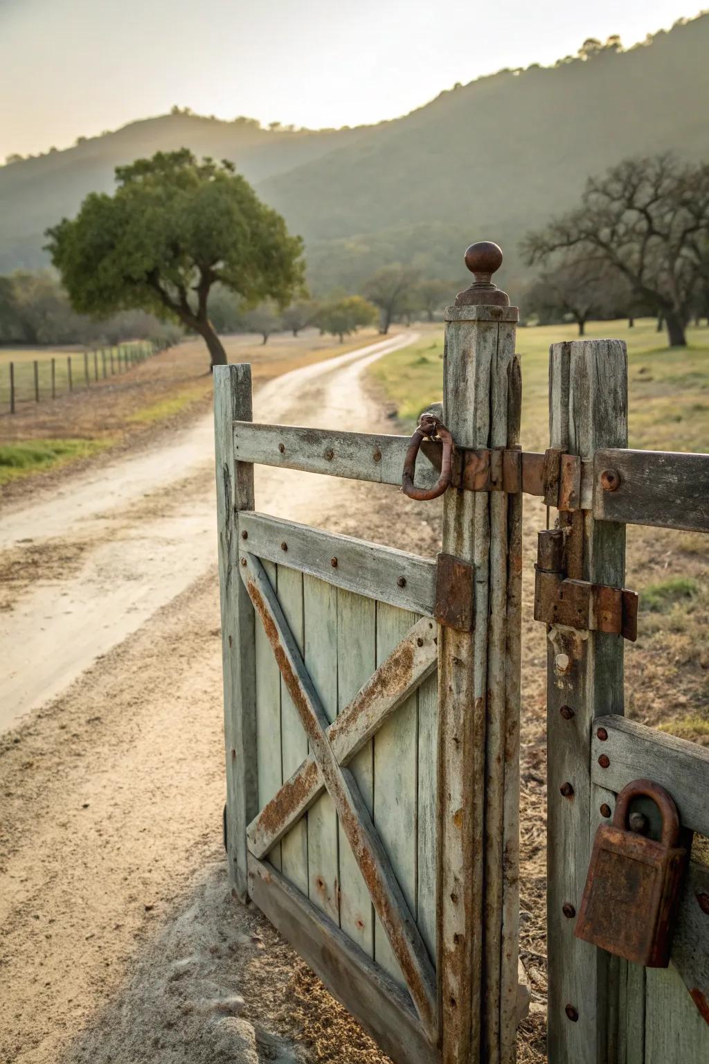 Vintage charm adds a timeless feel to your ranch gate.