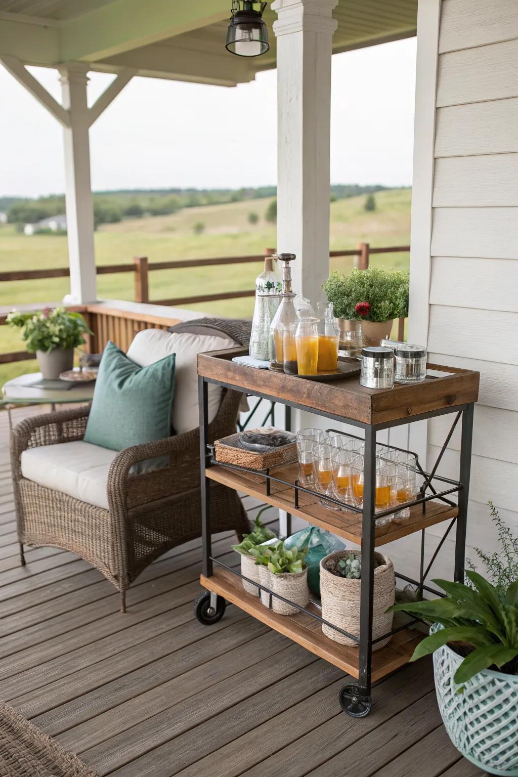 A beverage station makes entertaining easy on this ranch porch.