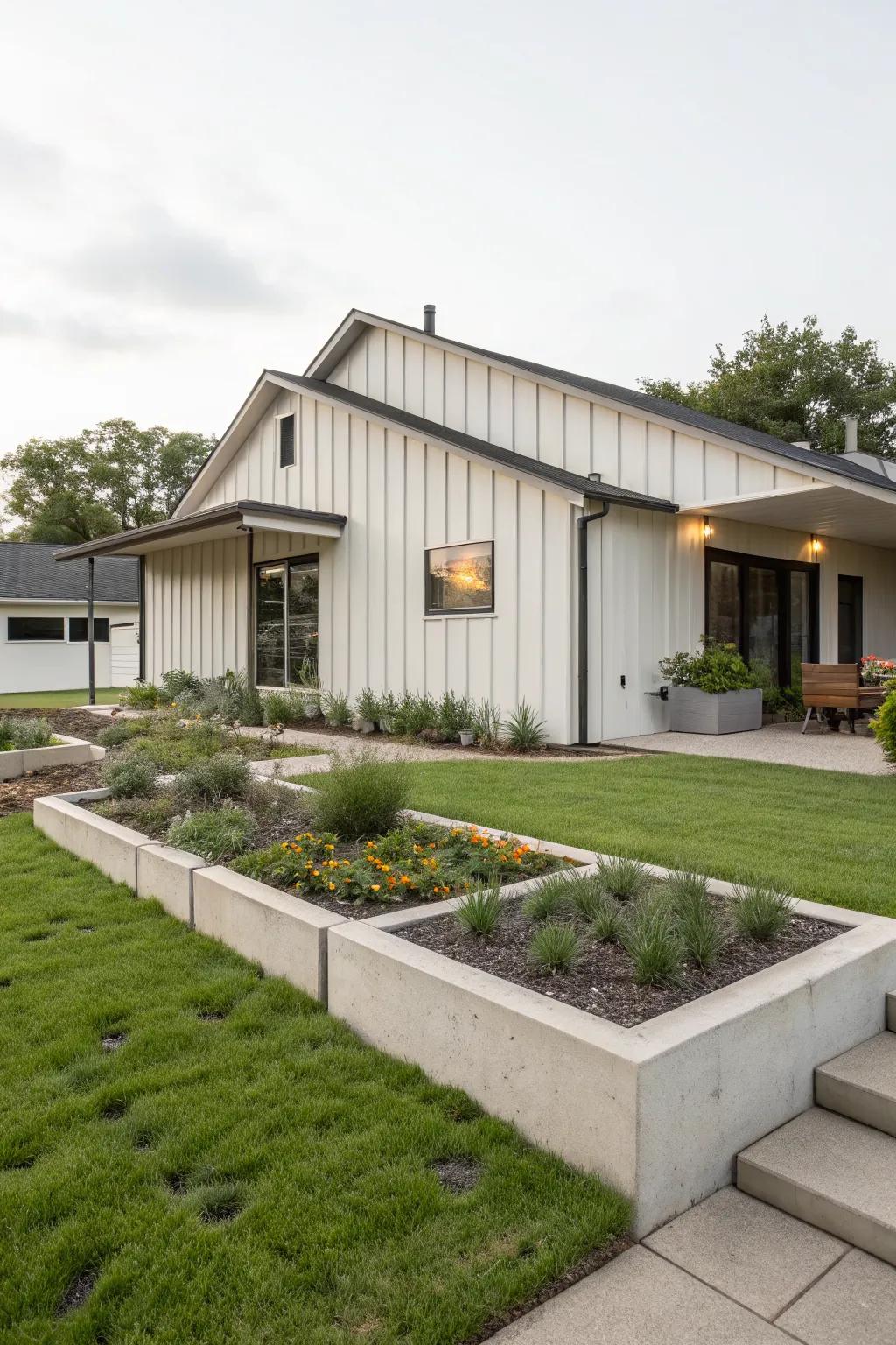 Vertical siding adds height and a contemporary edge.