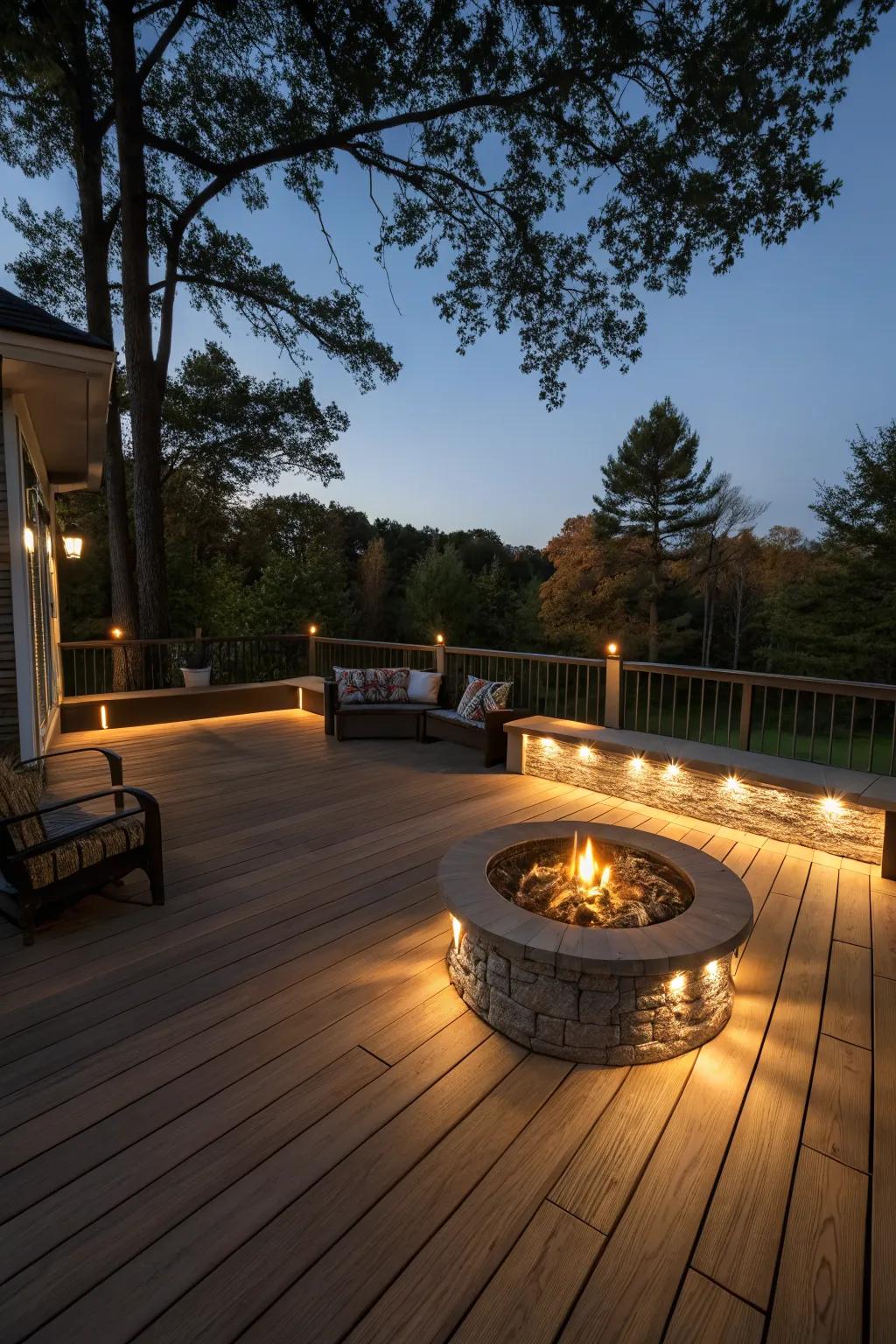 Create a cozy gathering spot with fire pit lighting.