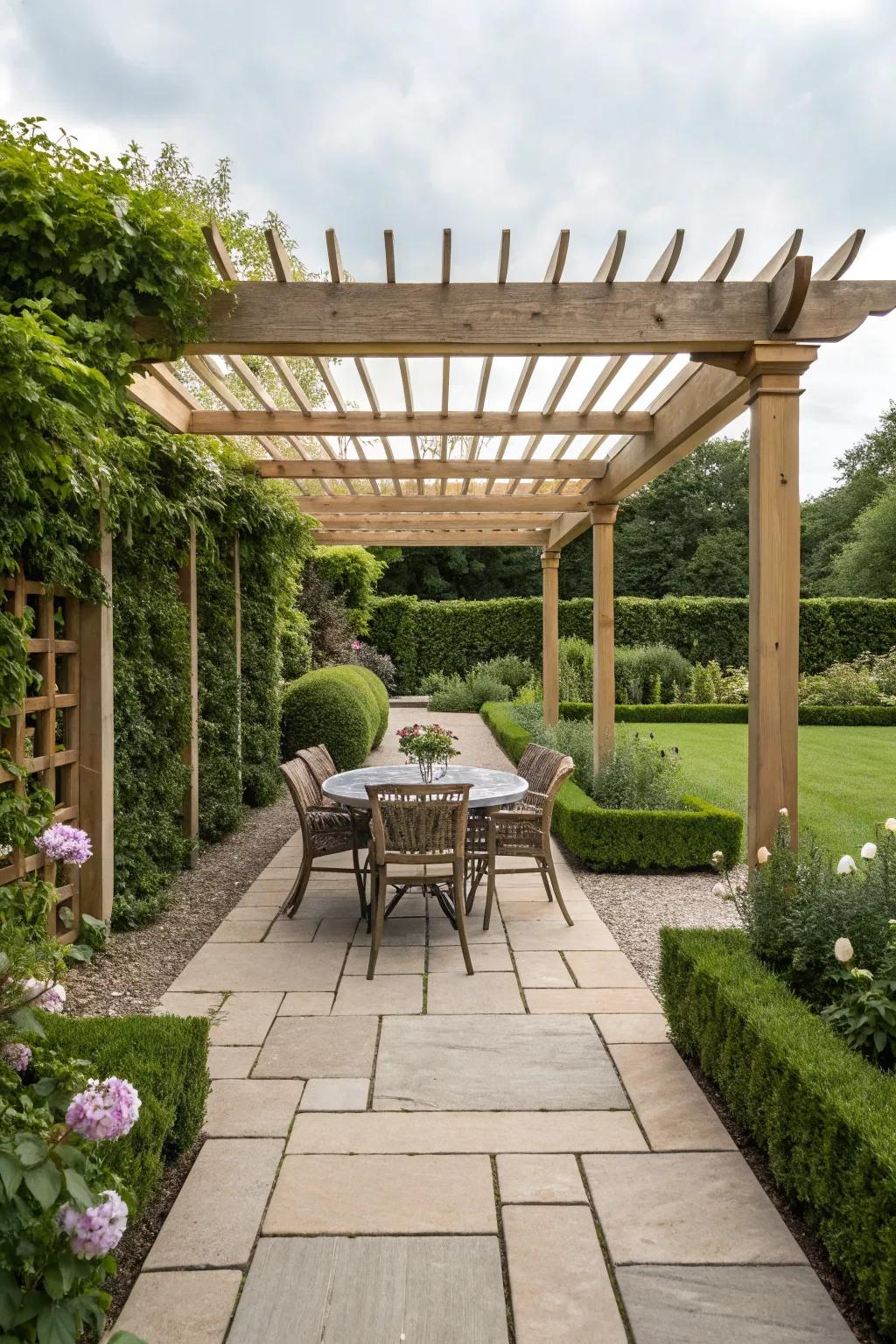A pergola adds style and shade to a rectangular garden