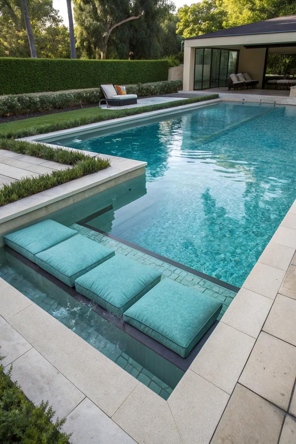 A rectangular pool featuring comfortable built-in underwater seating