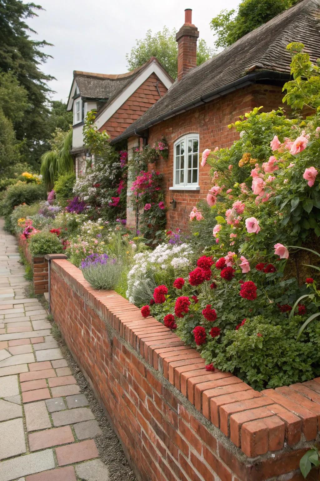 Storybook charm with red brick and colorful blooms.