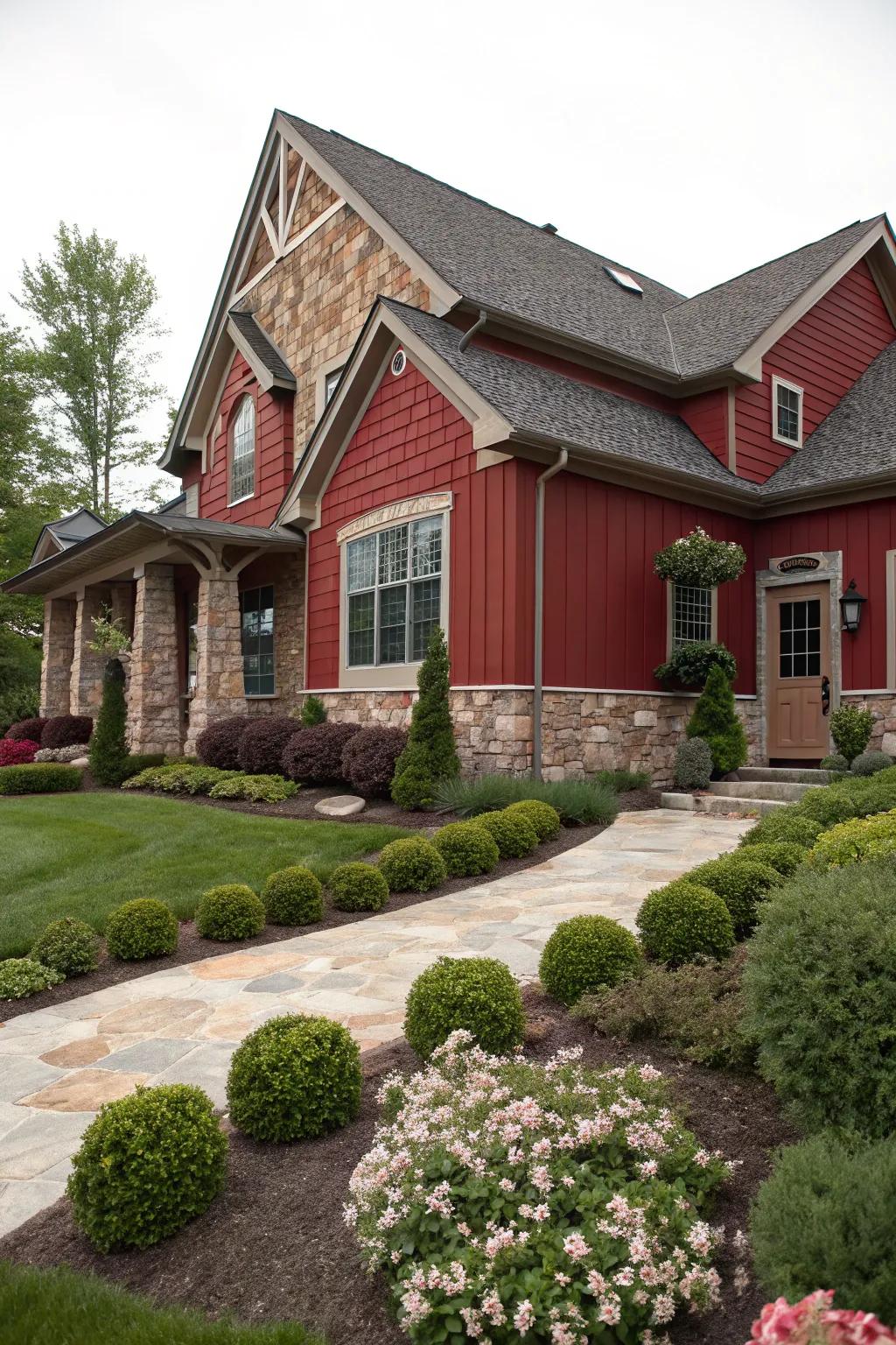 Earthy elegance with red and stone accents.