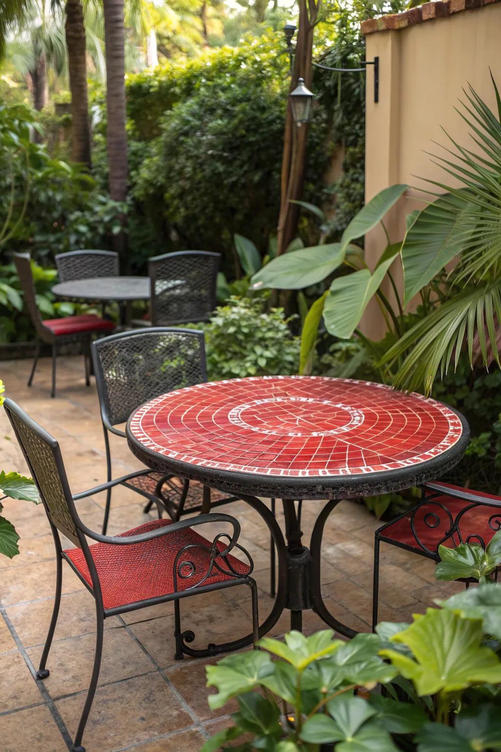 Red mosaic table top adding an artistic flair to the patio.