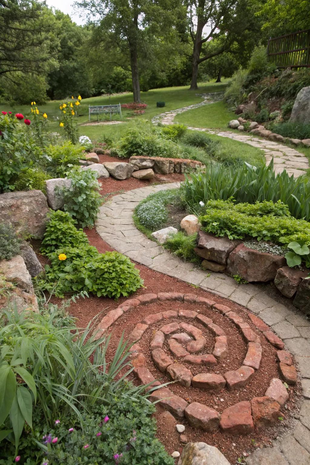 A red rock spiral adds an artistic element to garden landscapes.