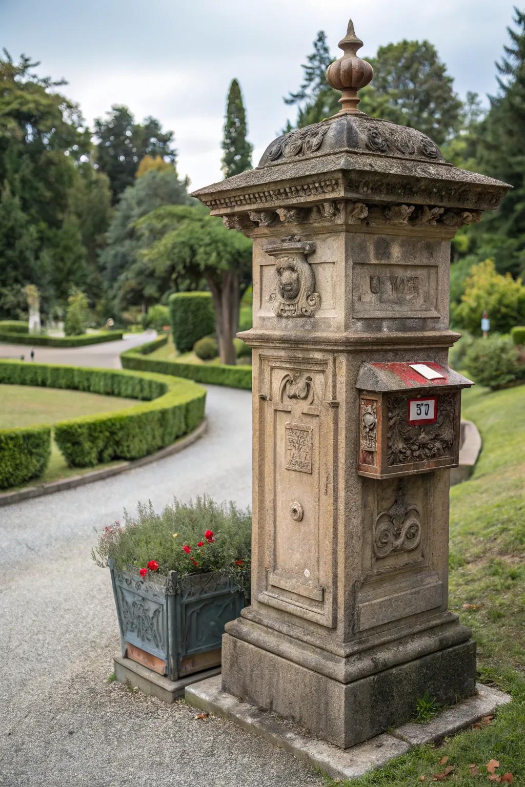 A stone mailbox inspired by historical architecture adds character to the home.