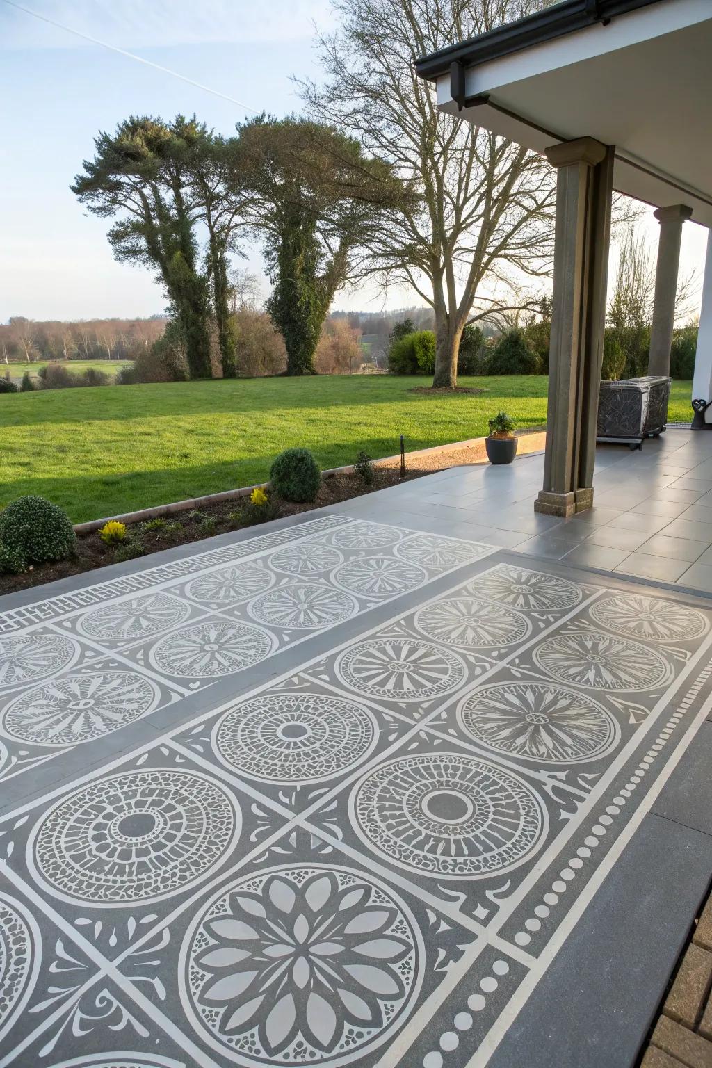 A contemporary resin patio with bold geometric patterns.