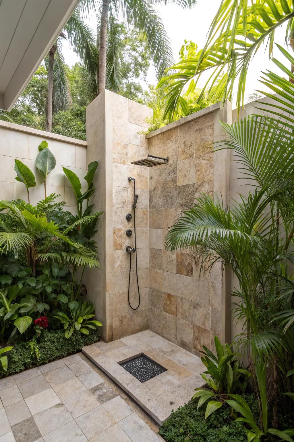 An outdoor shower offers a refreshing spa experience.