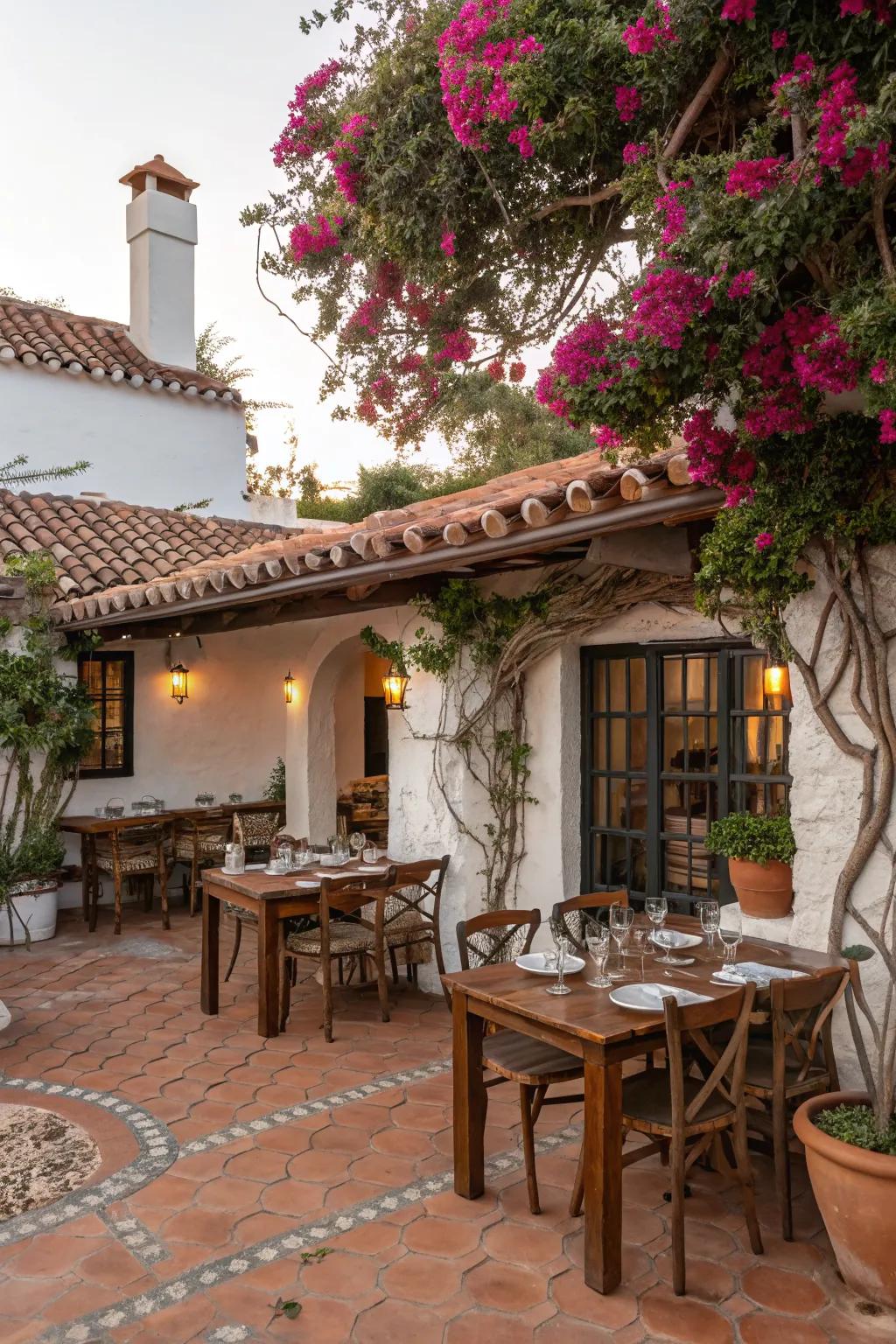 A Mediterranean-style patio with a terracotta roof.