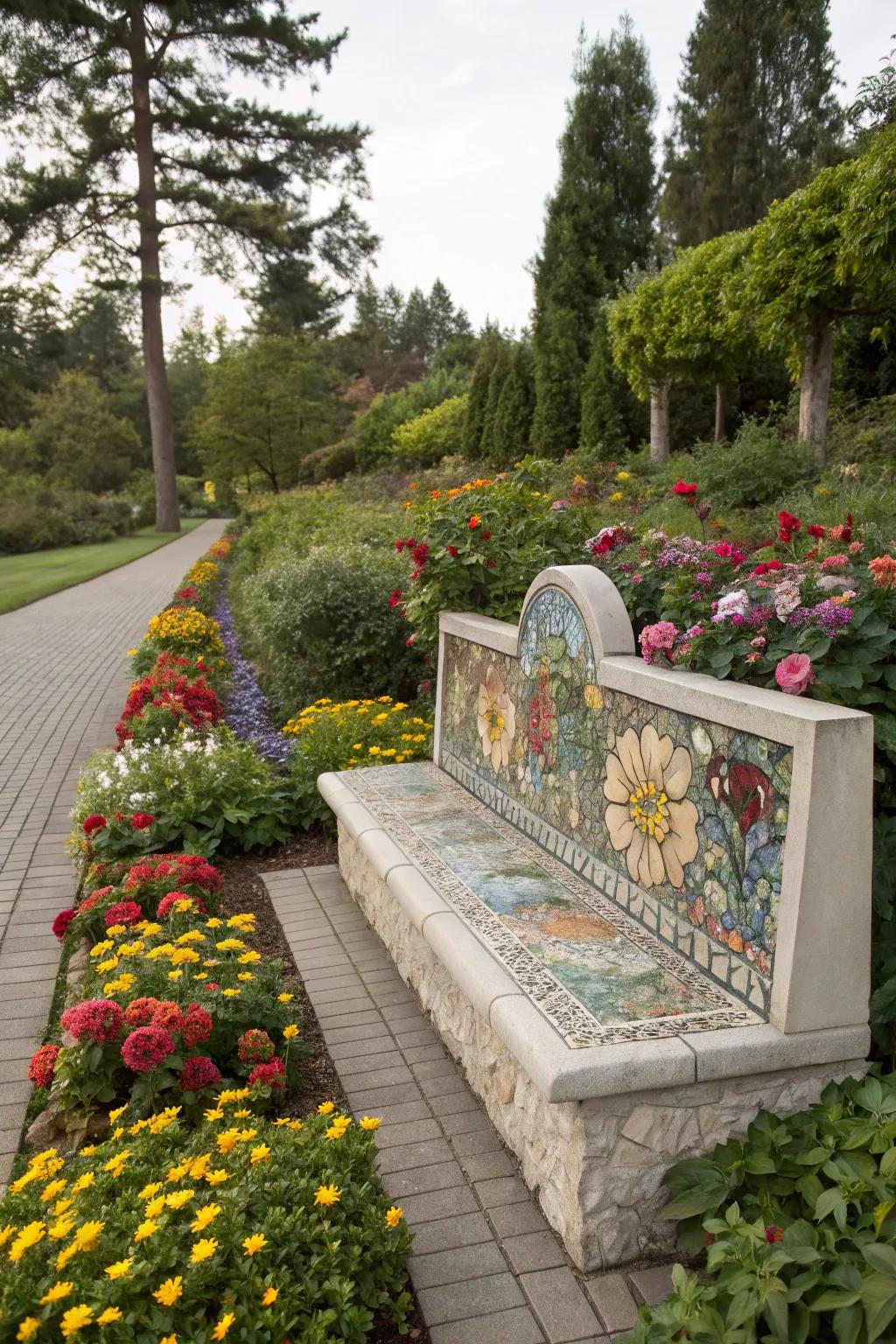 Artistic elements transform a bench into a focal piece.