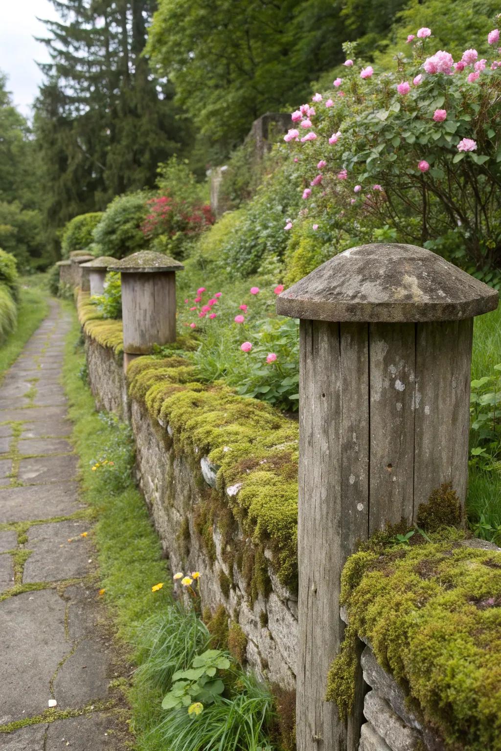 Weathered wood caps add a rustic charm to your garden space.
