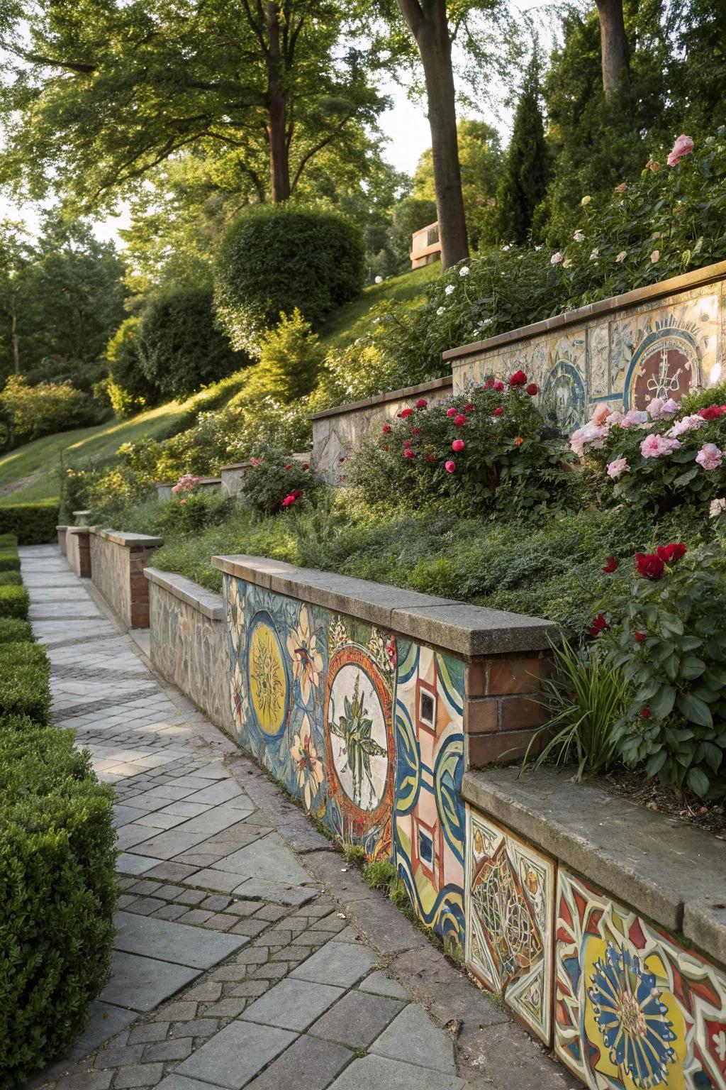Artistic displays turn retaining walls into creative masterpieces.
