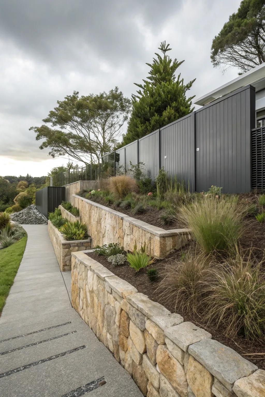 Introduce industrial chic with metal accents in your retaining wall.