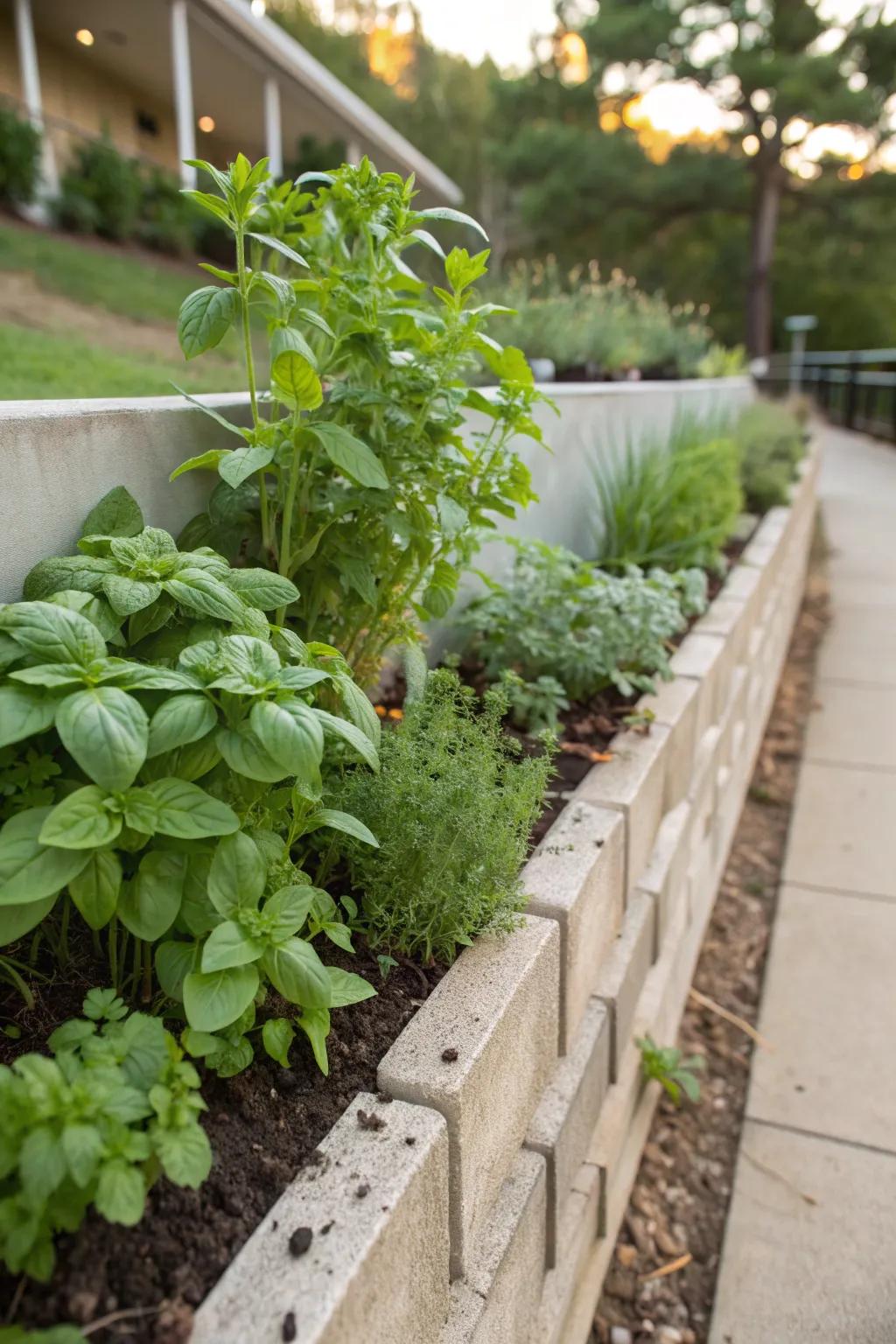 A retaining wall transformed into a lush herb garden.