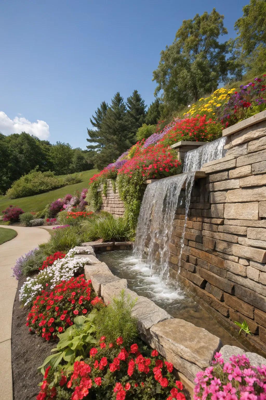 Seasonal flowers keep your waterfall area vibrant year-round.