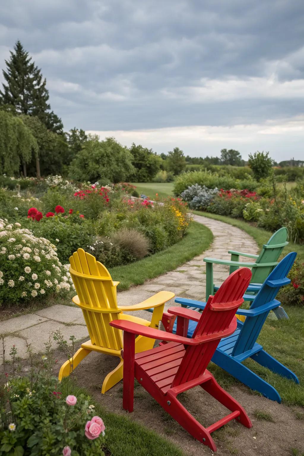 Laid-back retro vibe with colorful Adirondack chairs.