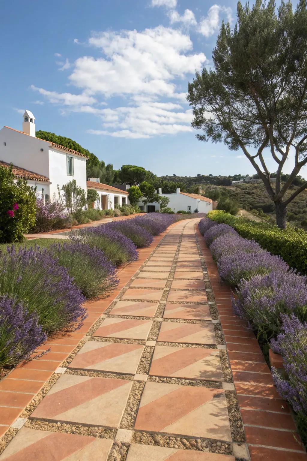 A warm Mediterranean-inspired ribbon driveway with terra cotta strips and a lavender center.