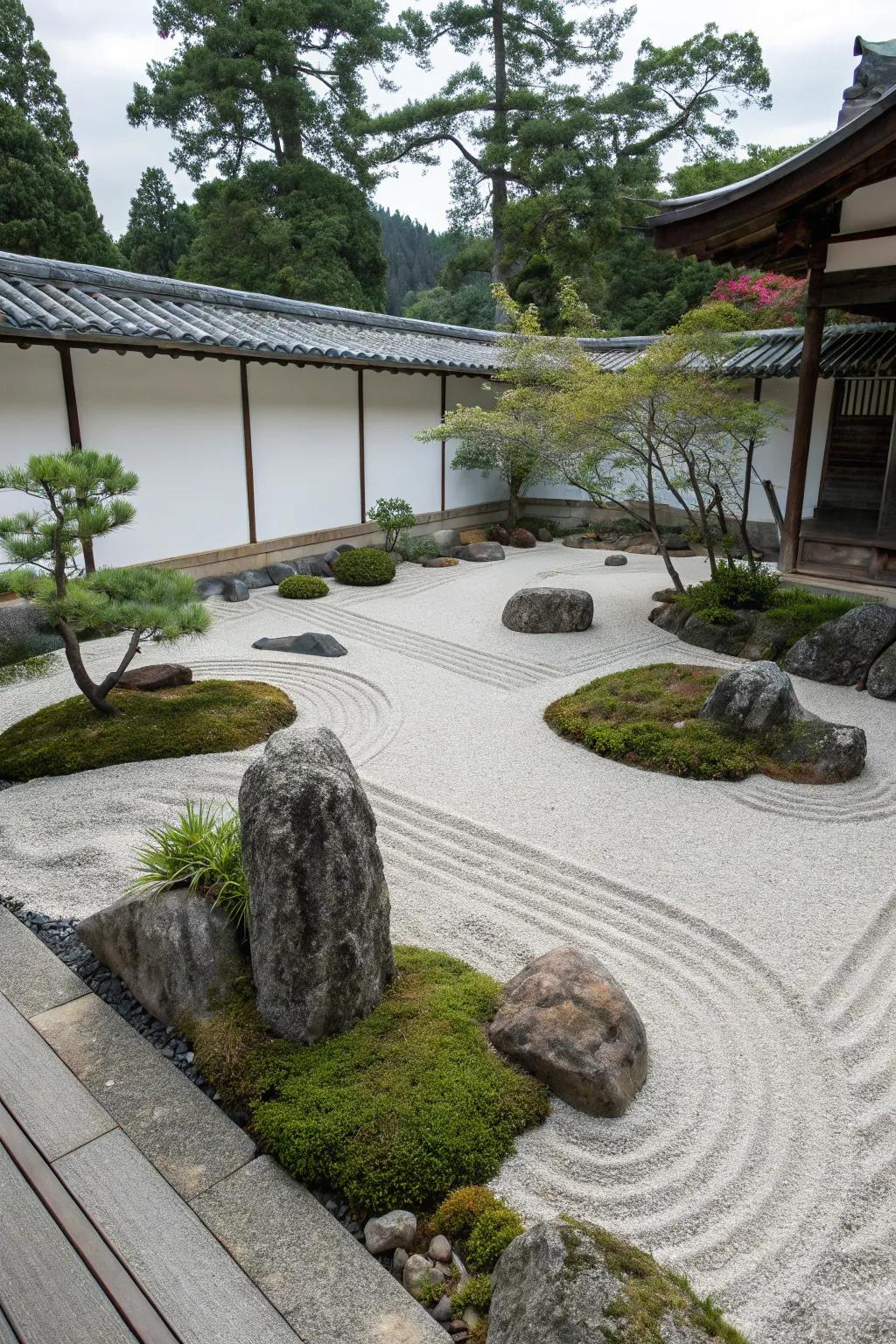 A serene Zen garden featuring riprap stones for a peaceful retreat.