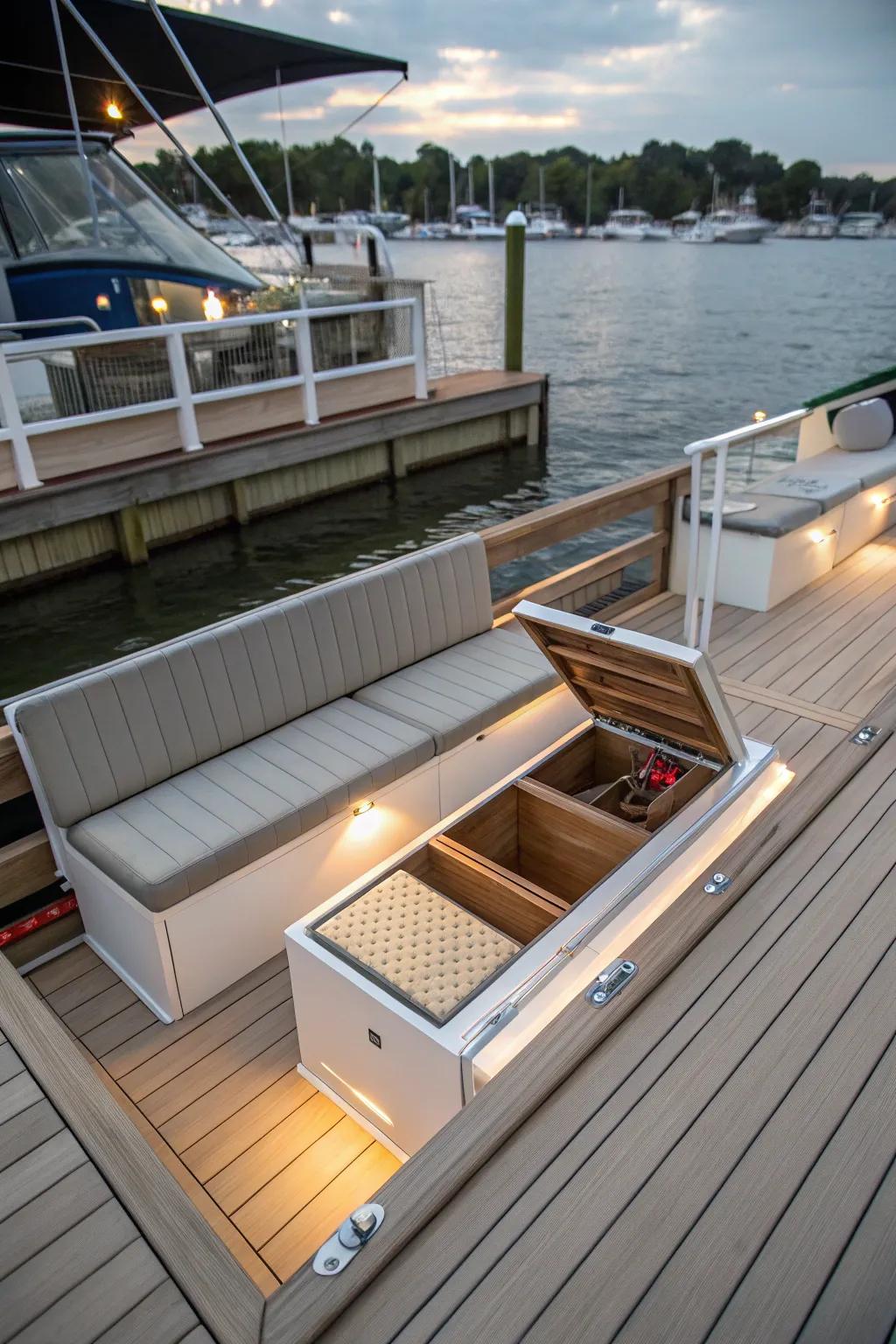 Smart storage solutions keeping the dock tidy and organized.