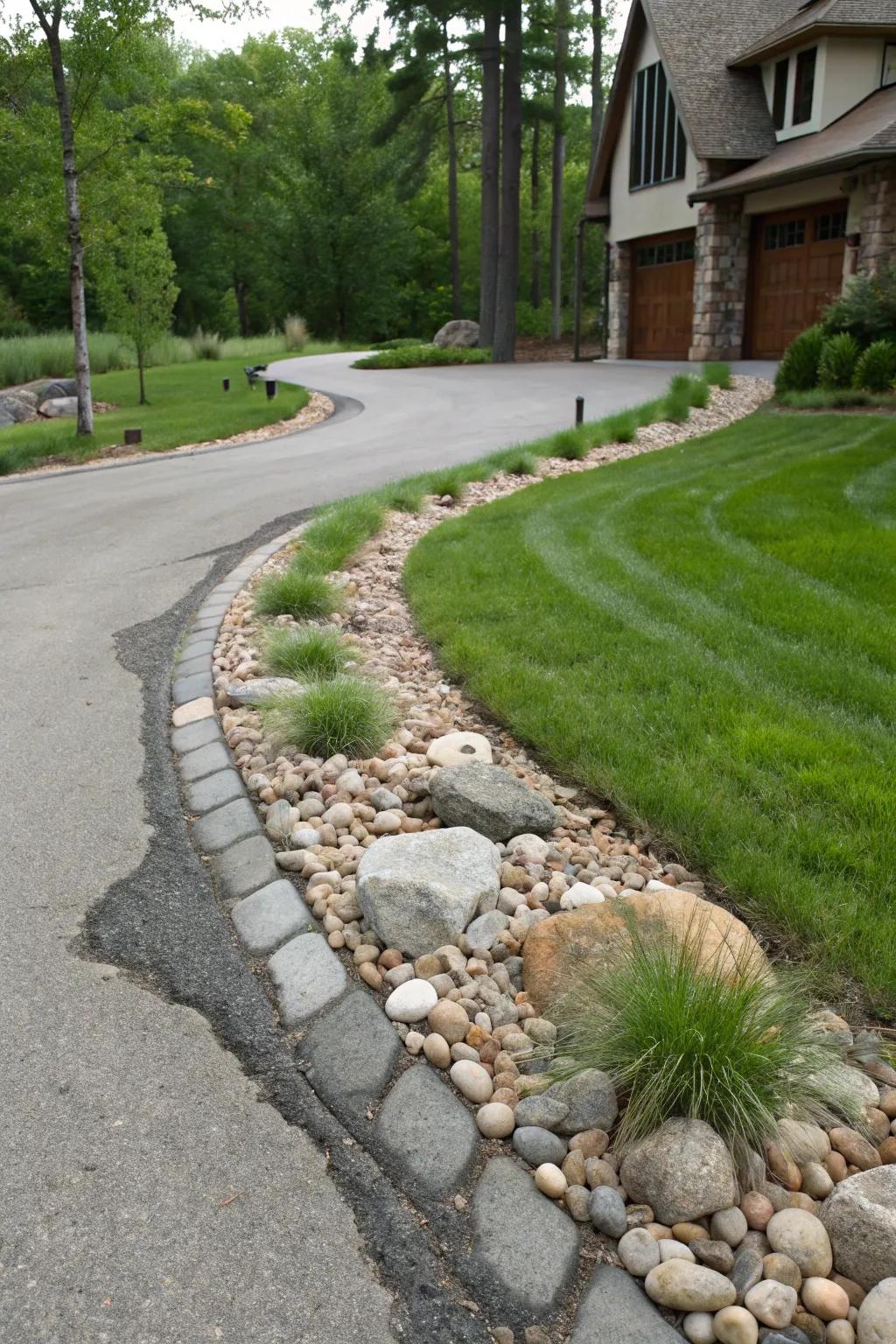 Natural blend of grass and river rocks for a lush driveway border.