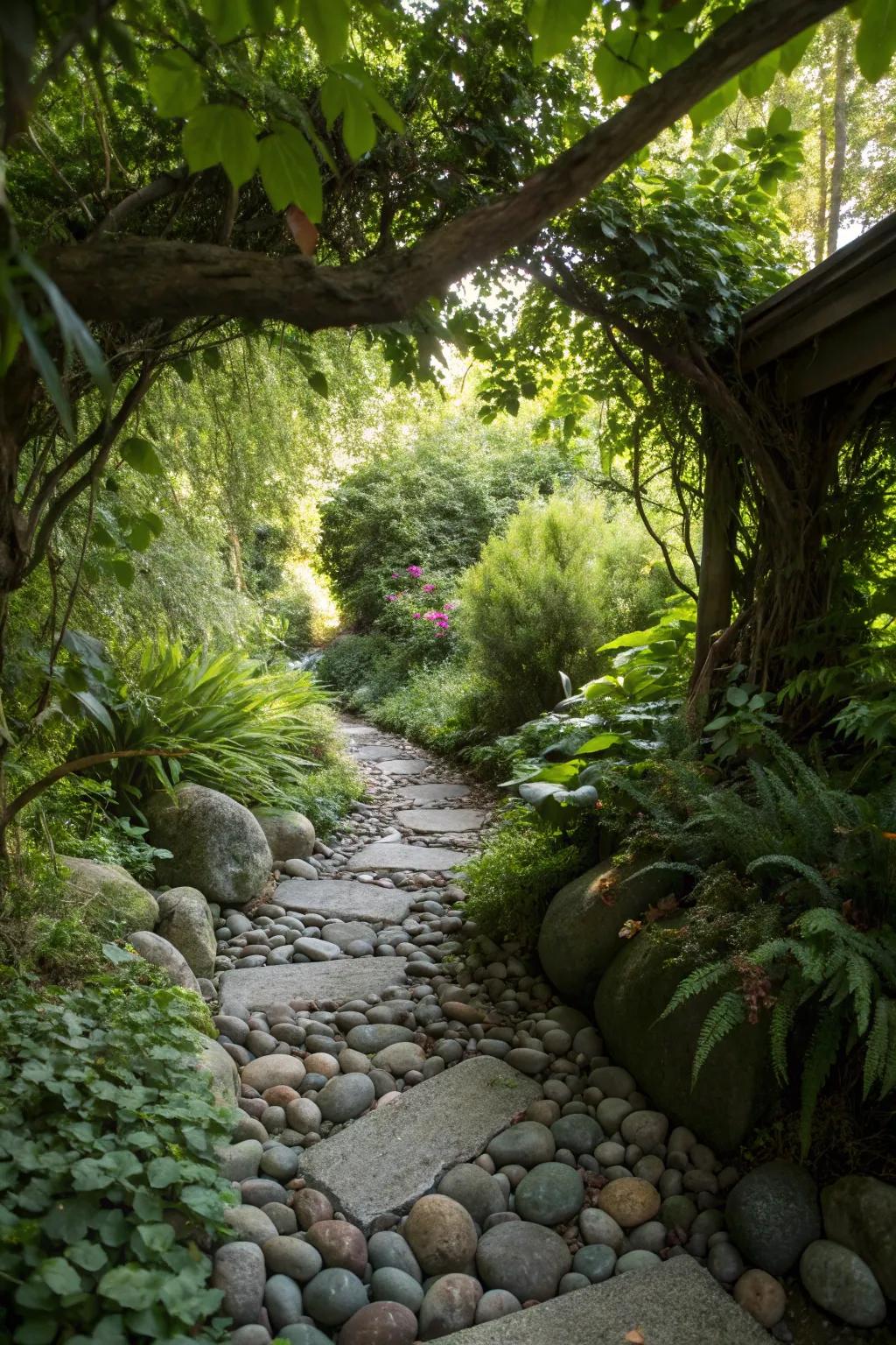 Create a secret garden retreat with the charm of river rocks.