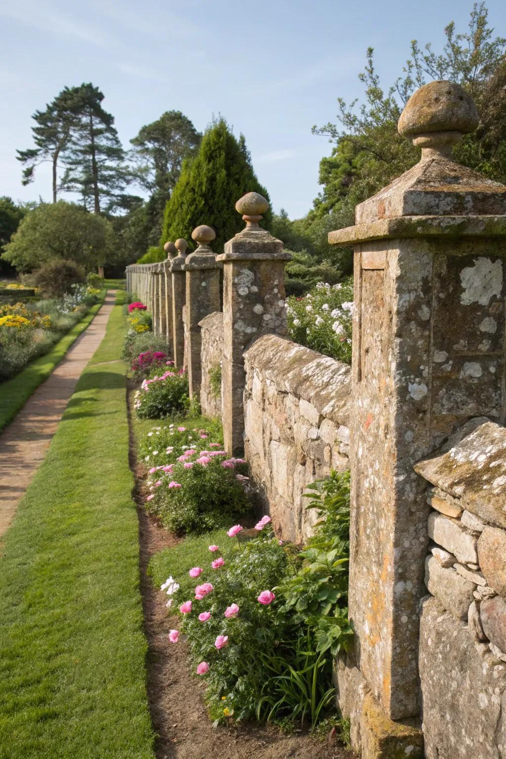 A timeless vintage rock fence crafted from weathered stones.
