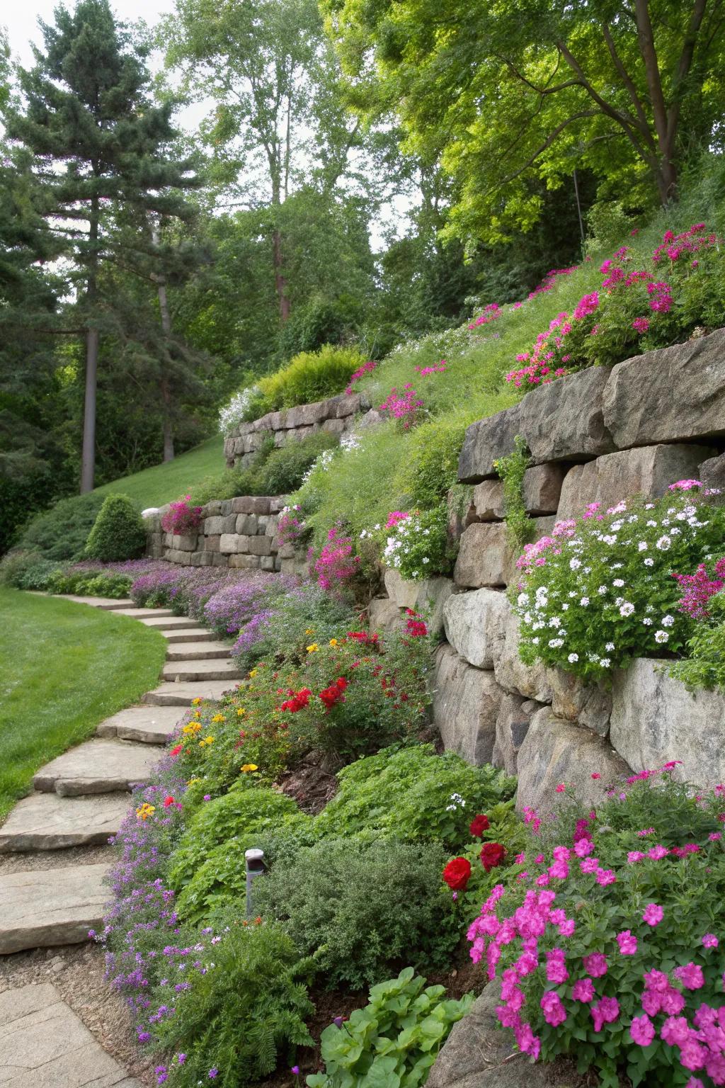 Retaining walls add structure and beauty to any slope.