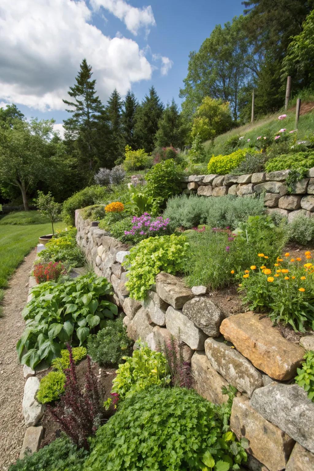 Herbs and edibles transform rock walls into sensory gardens.