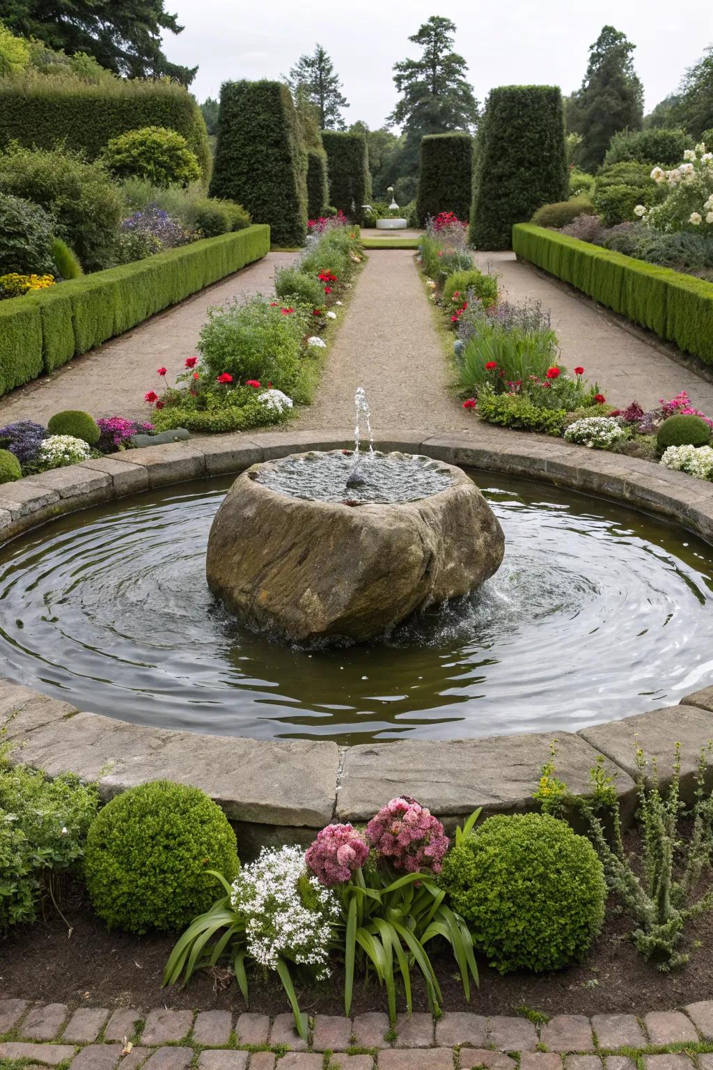 Circular rock features create a balanced garden aesthetic.