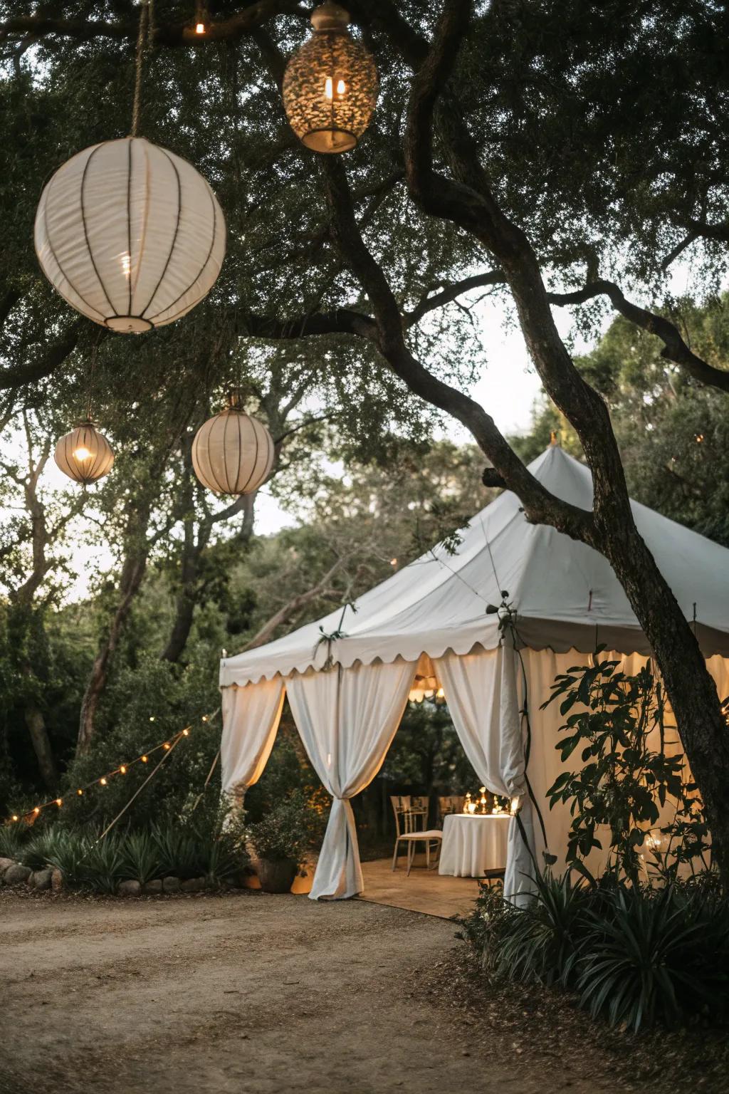 An enchanted tent setup with lanterns and nature.