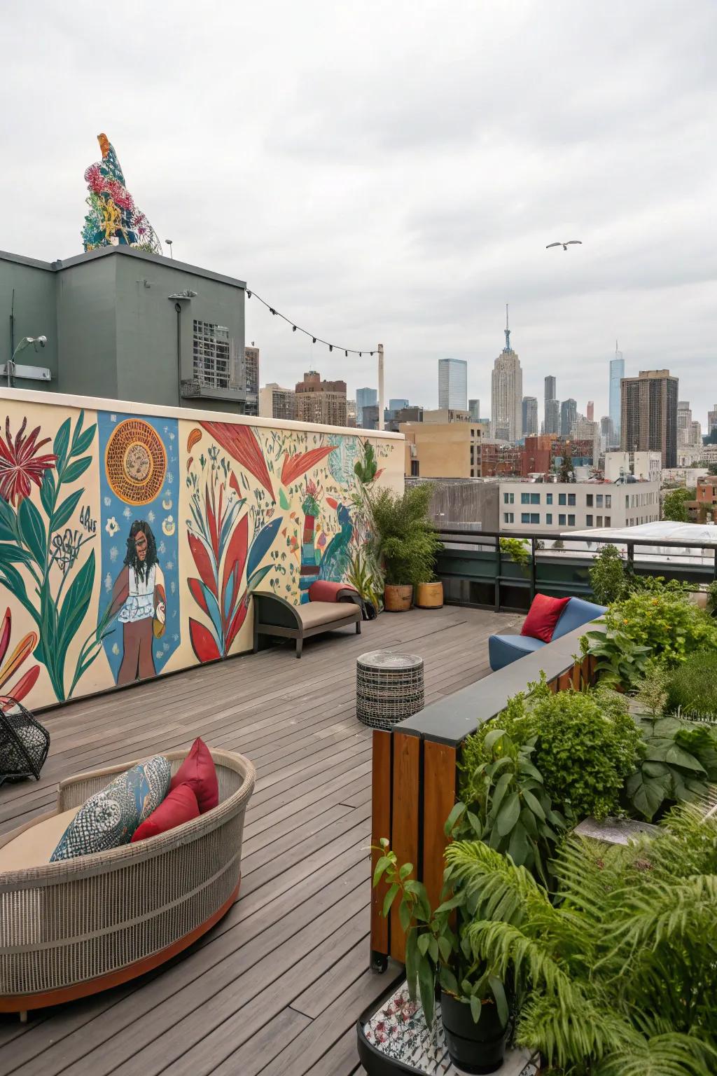 A rooftop deck showcasing artistic flair and creativity.
